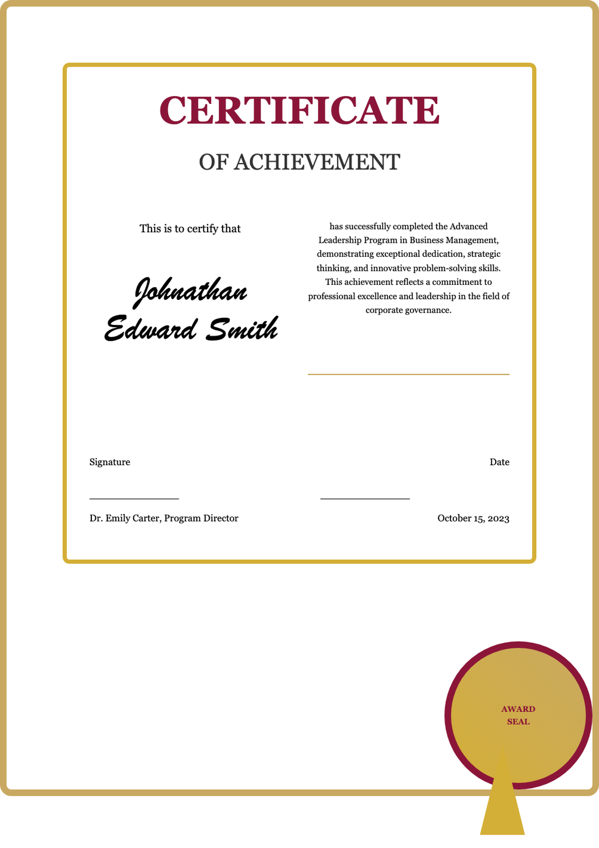 Elegant certificate of achievement with maroon gold accents and award seal_variant_2